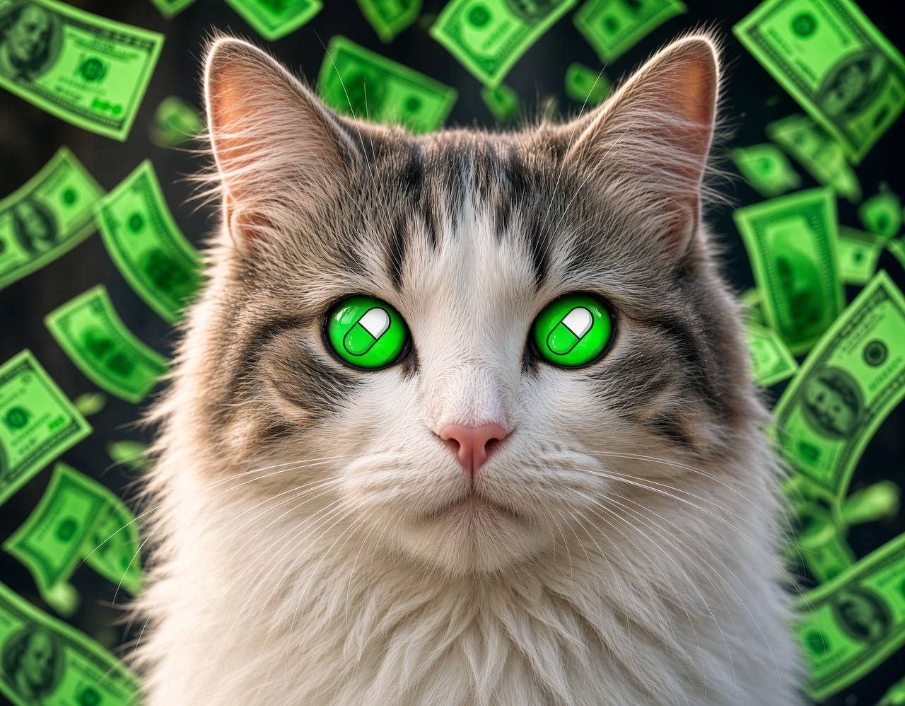 Pumpcat — neon green eyed cat surrounded by cash